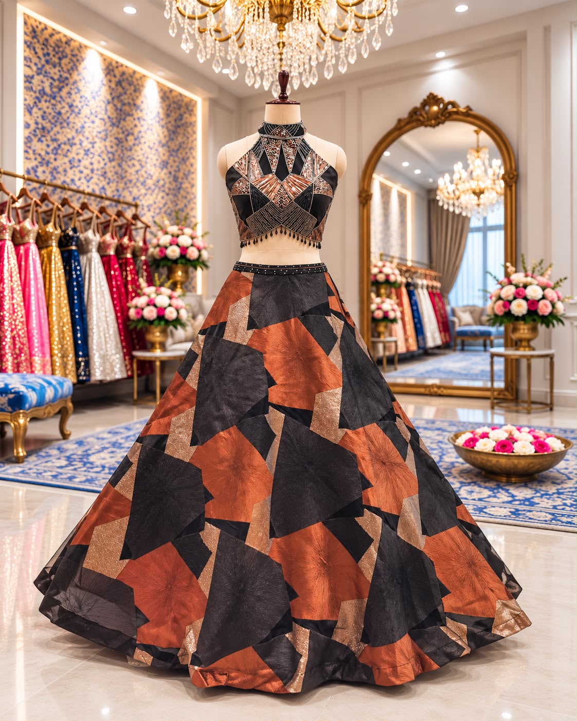 Black orange crop top Lehenga