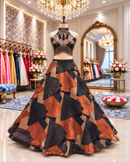 Black orange crop top Lehenga
