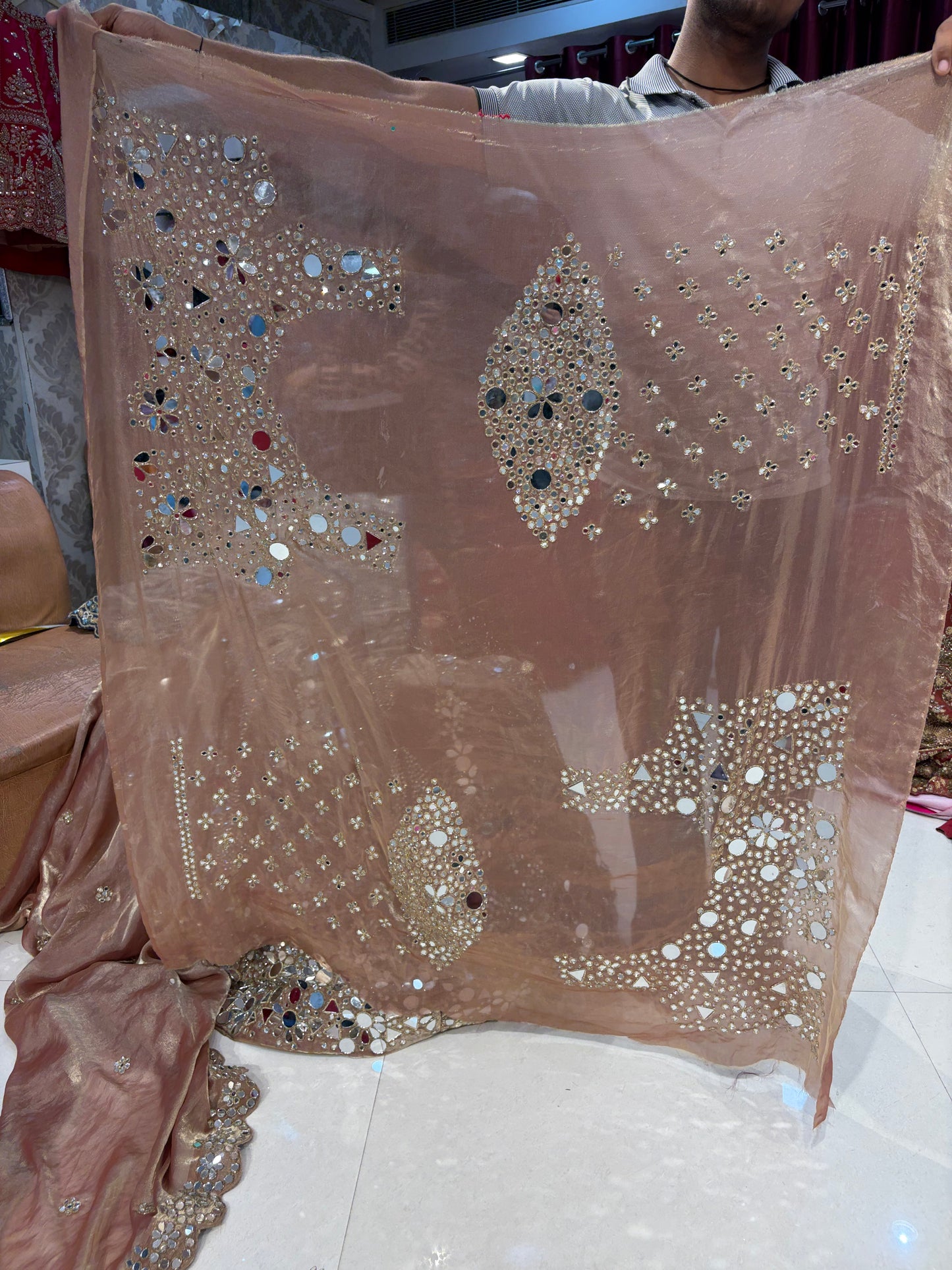 गोल्डन पीच मिरर हैंडवर्क लहंगा