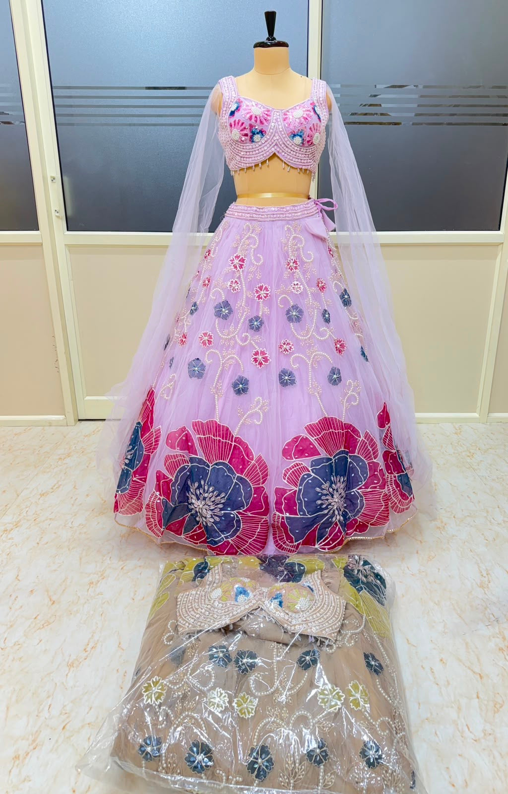 Pink Golden cream Crop top Lehenga