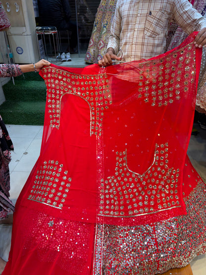 Red Mirror Work Lehenga