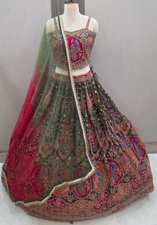 Pink green peacock Banarasi Crop Top Lehenga