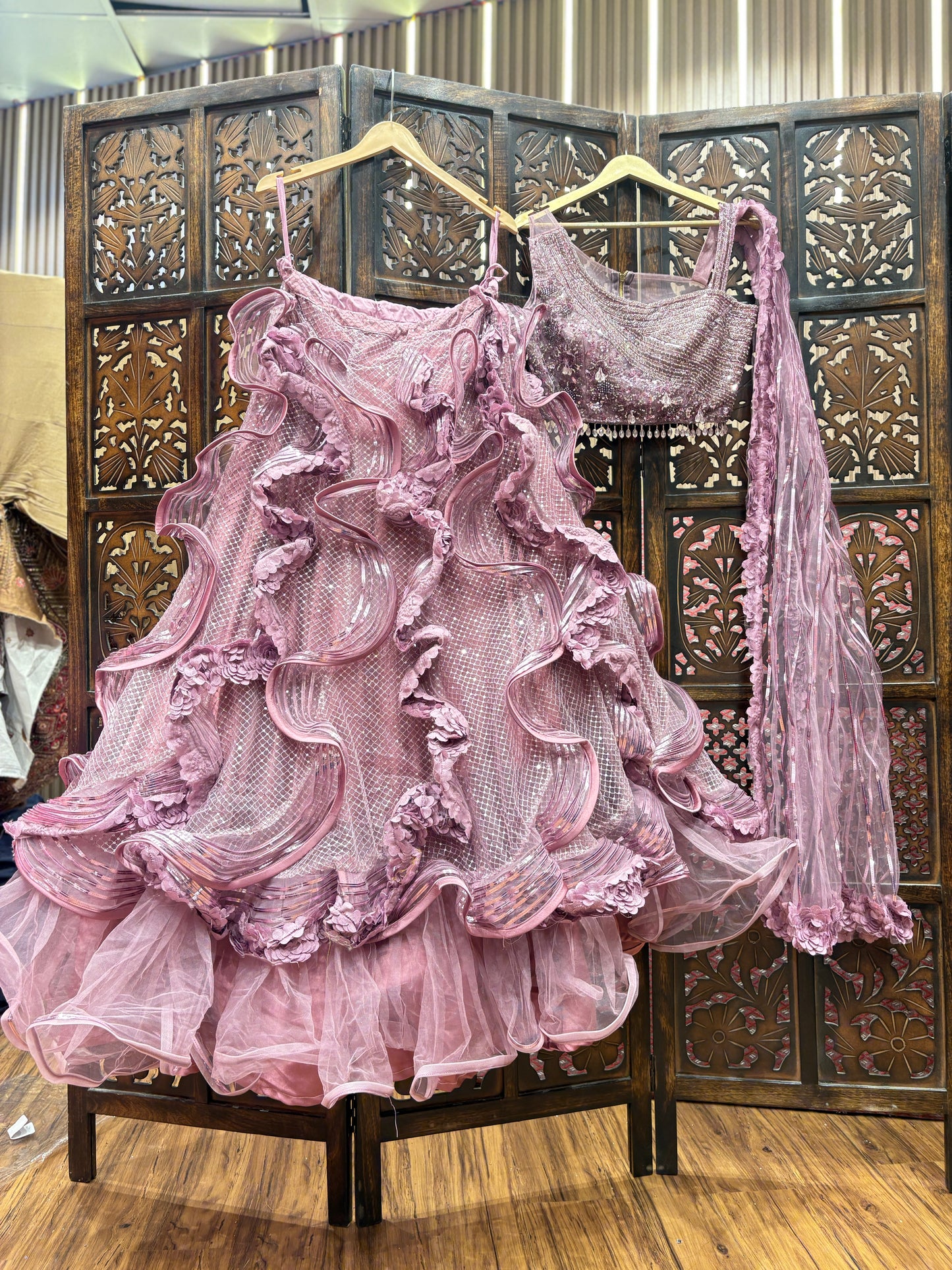 Embellished pink Frill crop top Lehenga