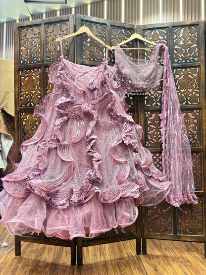 Embellished pink Frill crop top Lehenga