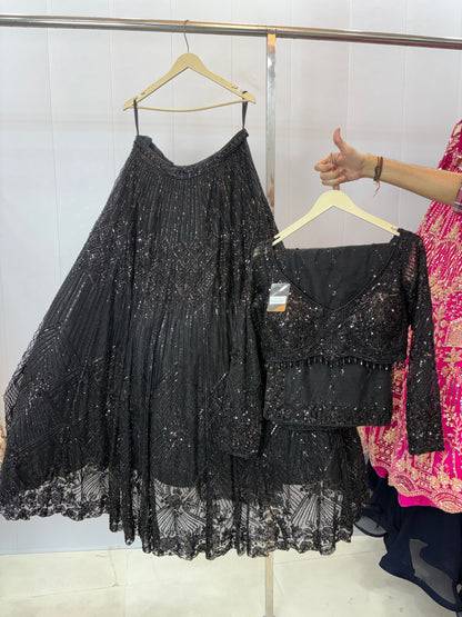 Designer Black Sequins Crop top Lehenga
