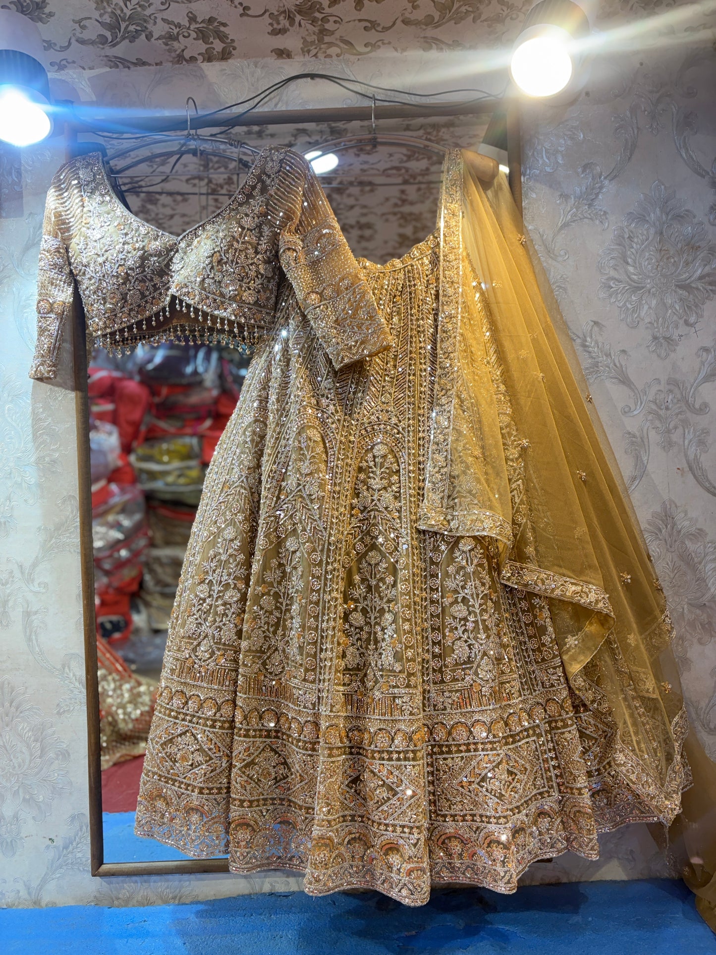 Pleasing golden beige crop top Lehenga