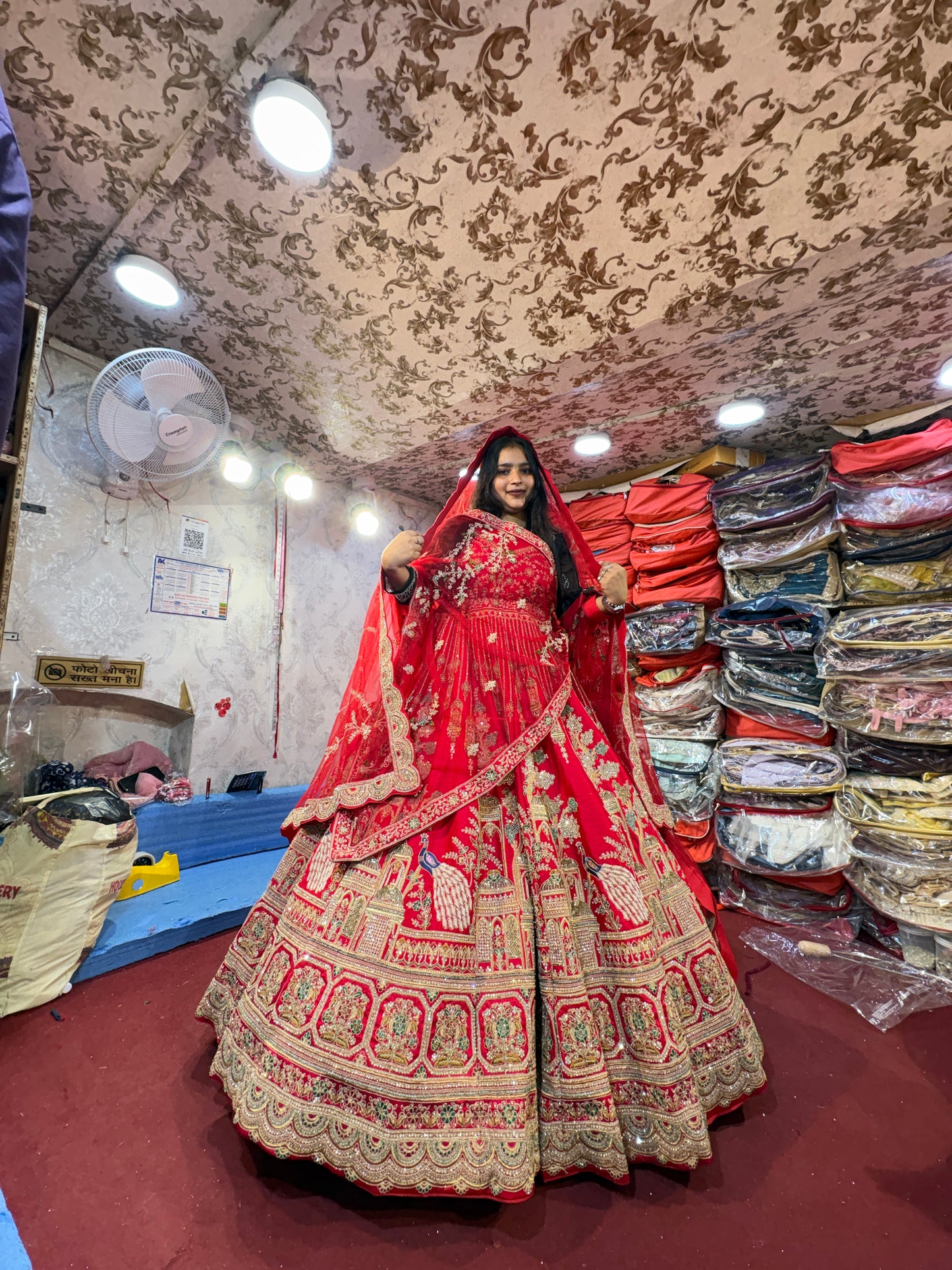 Pretty red handwork peacock bridal Lehenga