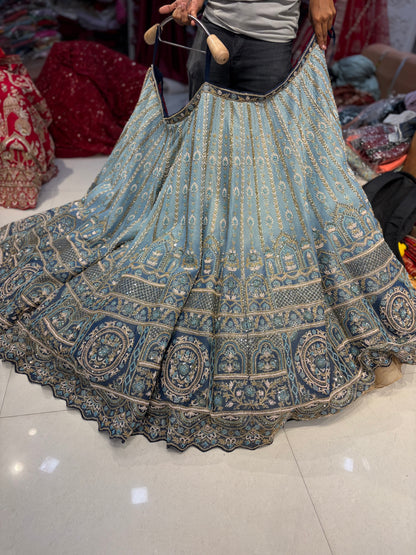 ब्लू डबल शेड हैंडवर्क जरदोज़ी लहंगा
