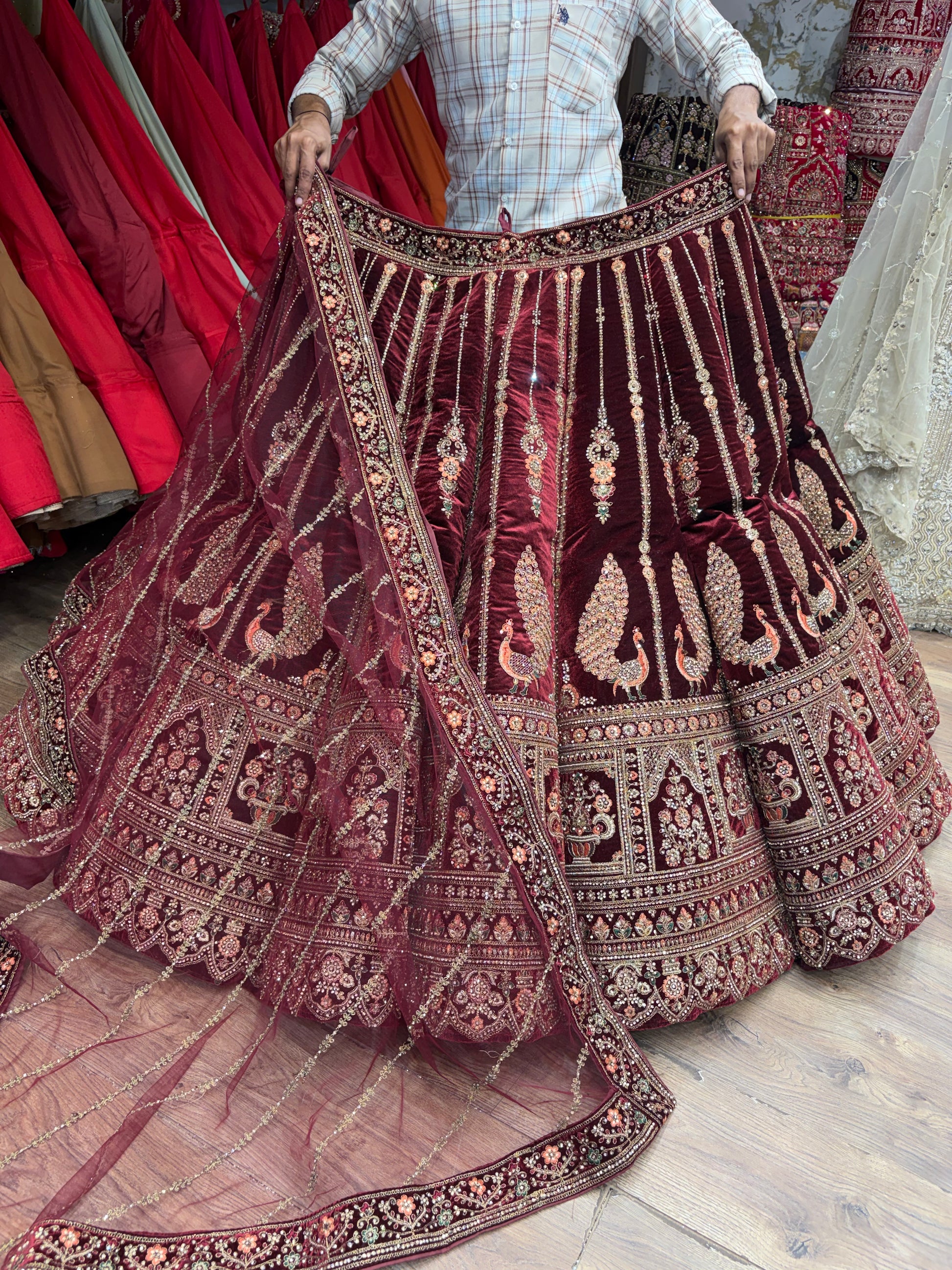 Dark Maroon Peacock Ball Bridal Lehenga - Shopping World