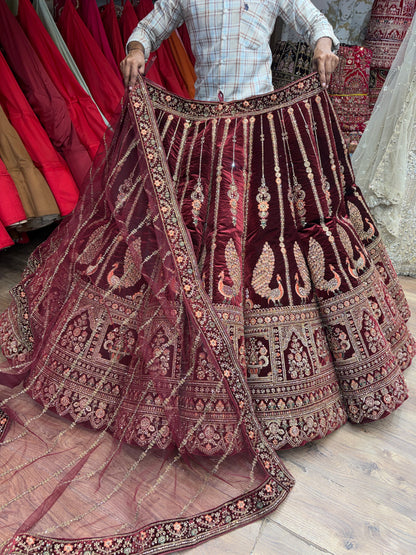 Dark Maroon Peacock Ball Bridal Lehenga - Shopping World
