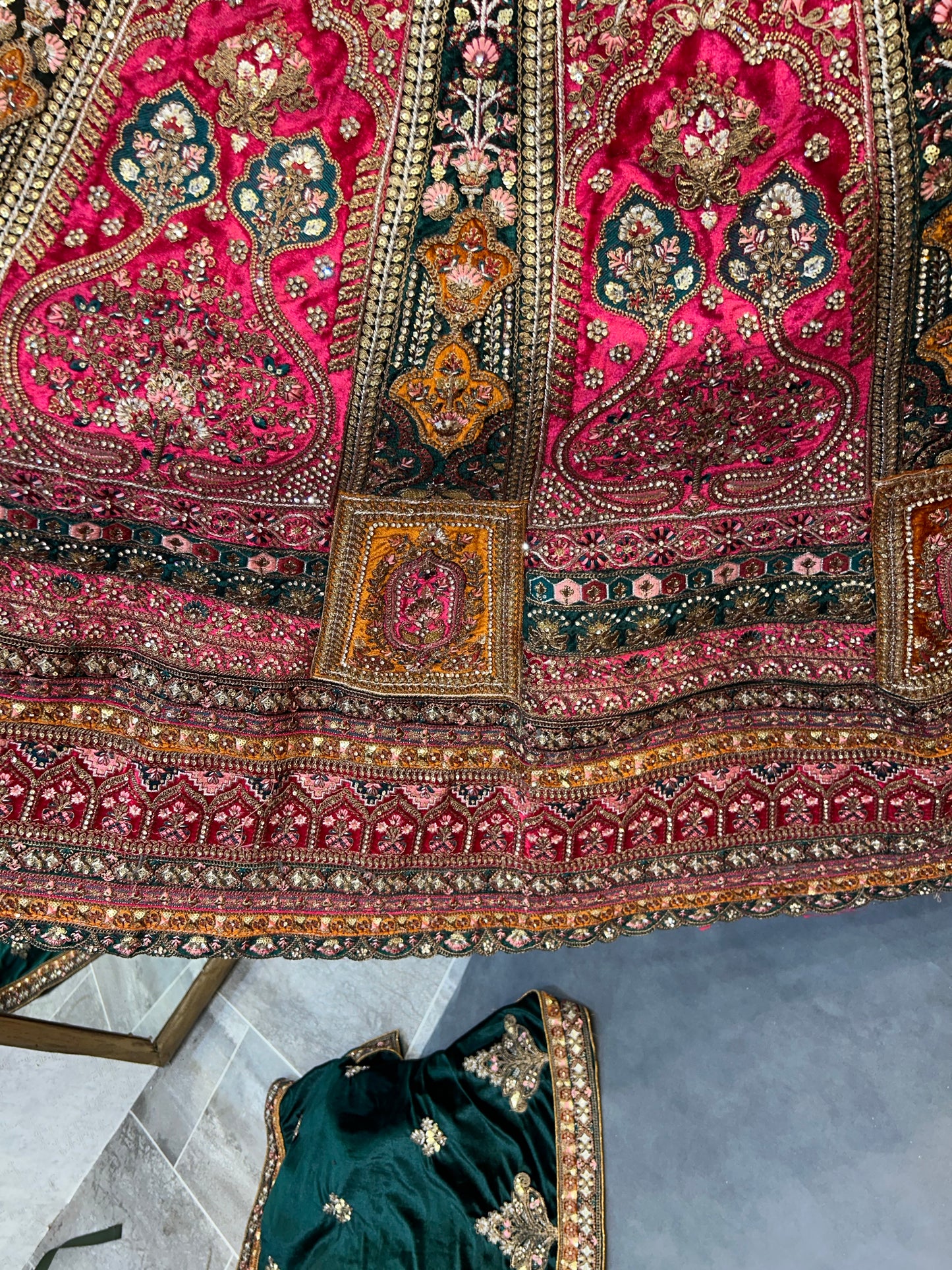 Astonishing pink golden double dupatta bridal Lehenga