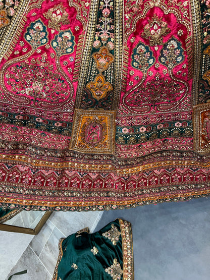 Astonishing pink golden double dupatta bridal Lehenga