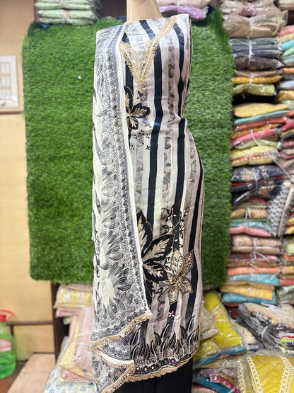 Beautiful white black unstitched salwar suit dress material(free size)