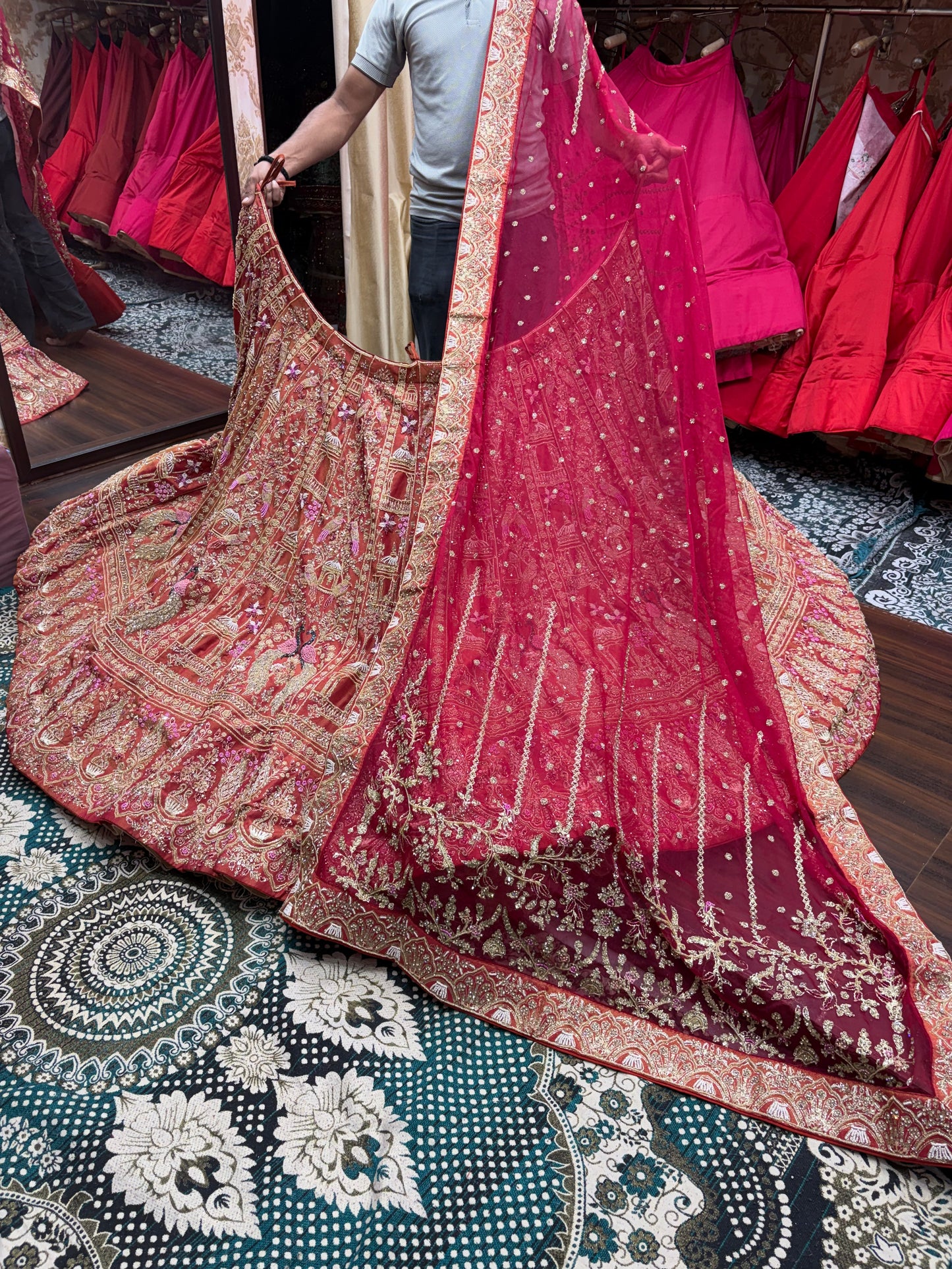 Orange Pink Peacock Bridal Lehenga