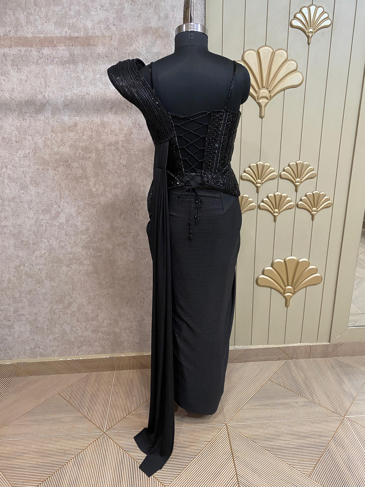 Black Designer Ready To Wear Drape Saree