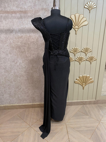 Black Designer Ready To Wear Drape Saree