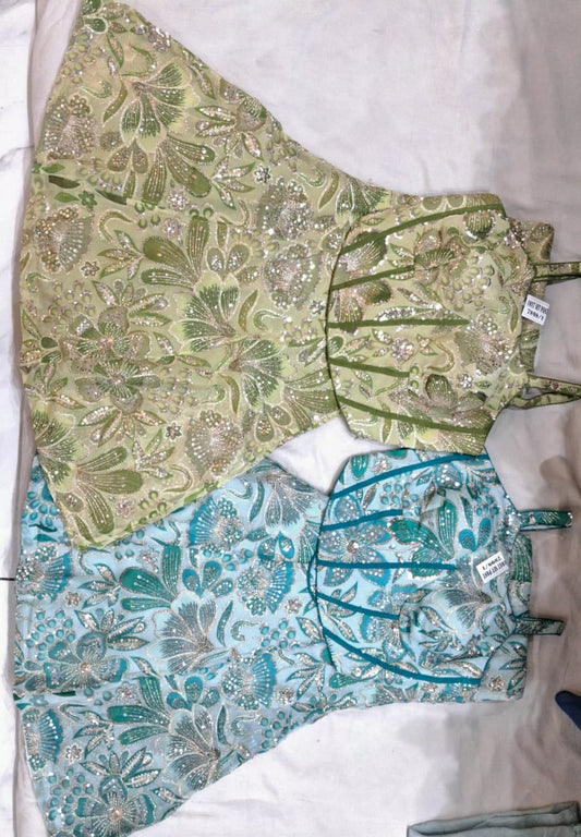 Pista Green Blue Crop Top Lehenga