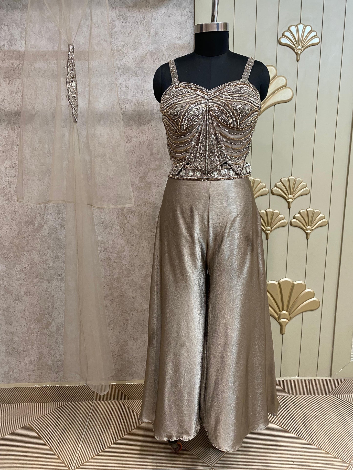 Golden Long Sharara Suit Dress Material