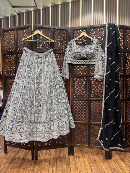 Delightful white black crop top Lehenga