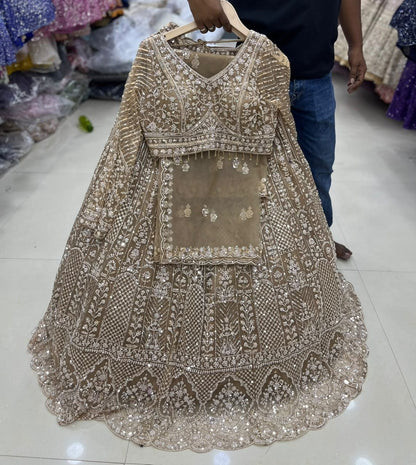 Beige Golden Crop Top Lehenga
