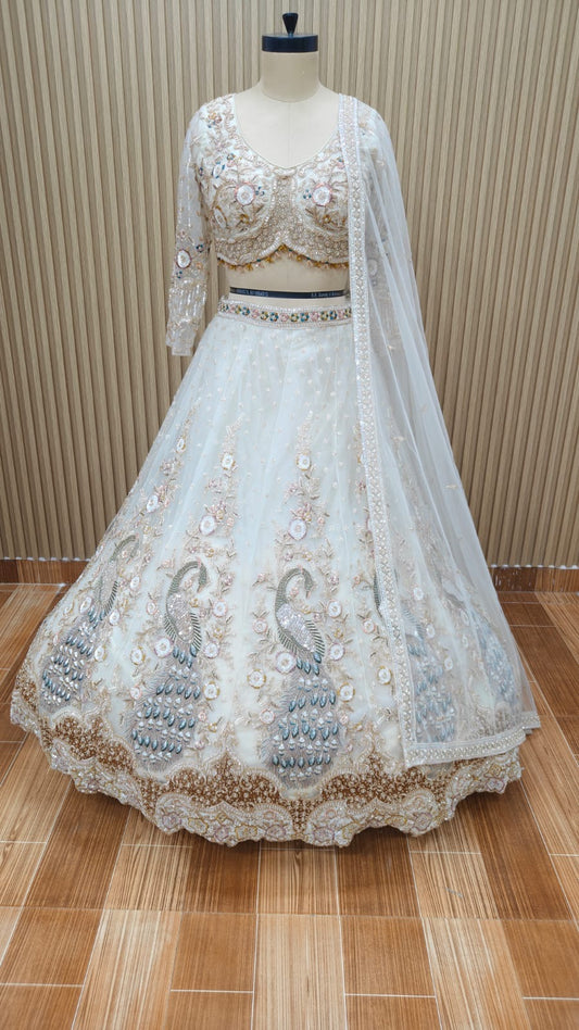 White Peacock Crop Top Lehenga