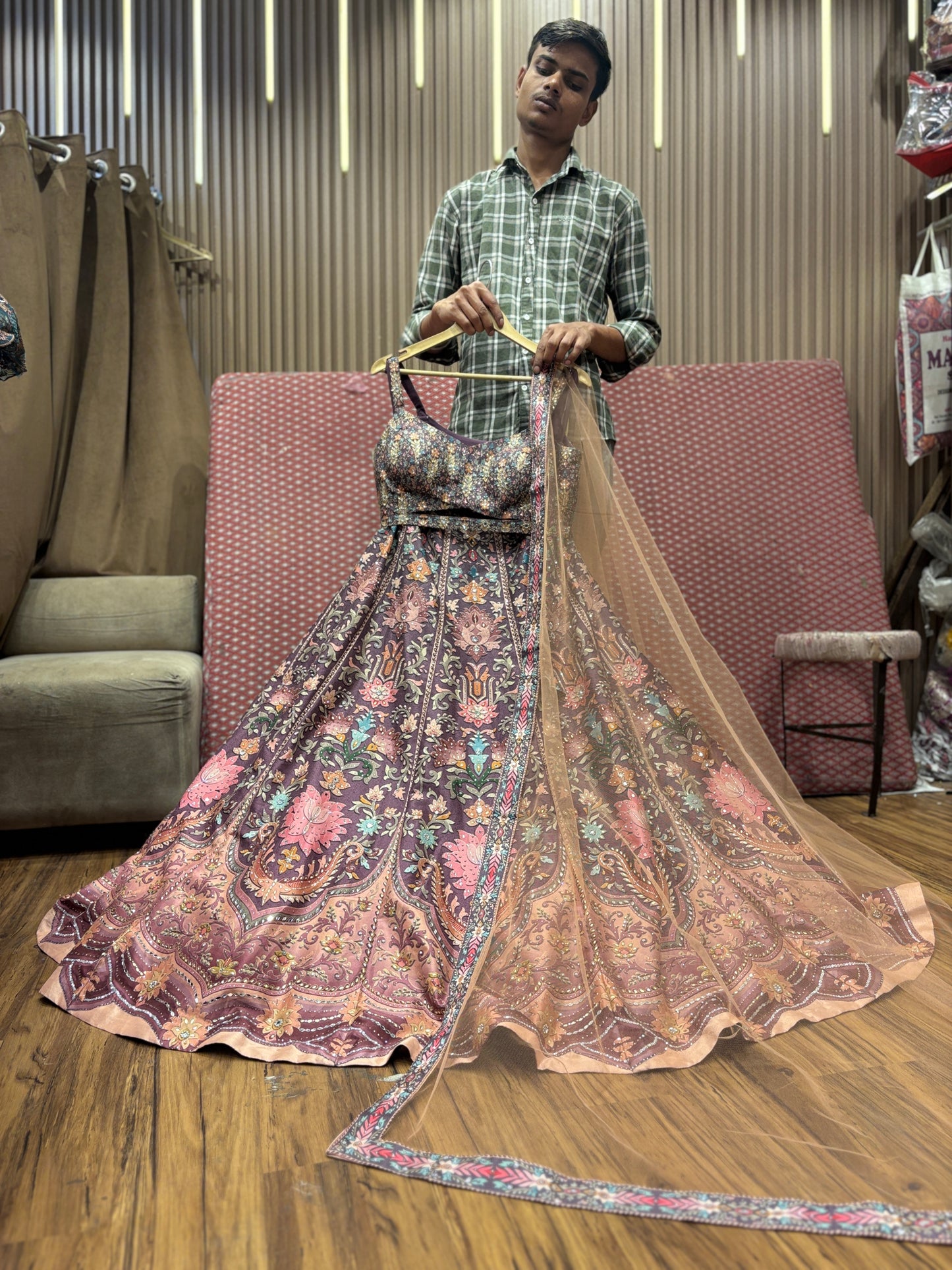 Pretty purple peach crop top Lehenga