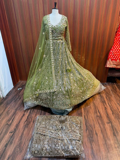 Green brown crop top Lehenga