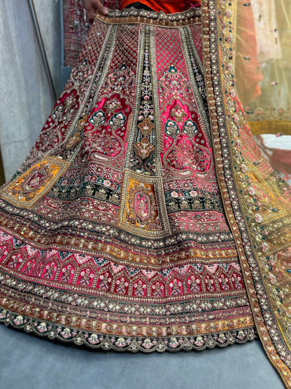 Astonishing pink golden double dupatta bridal Lehenga