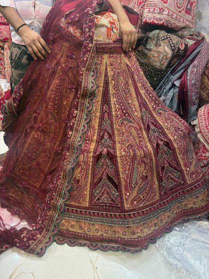 Designer maroon double duptta multi Kali Bridal Lehenga
