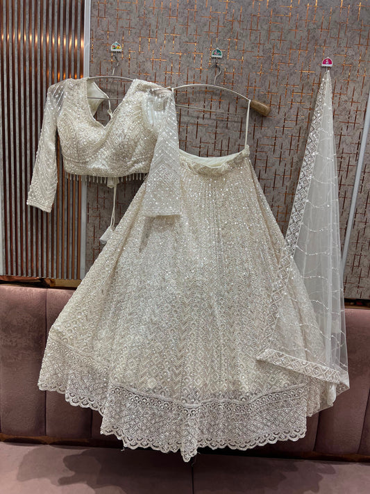 White On White Designer Crop Top Lehenga