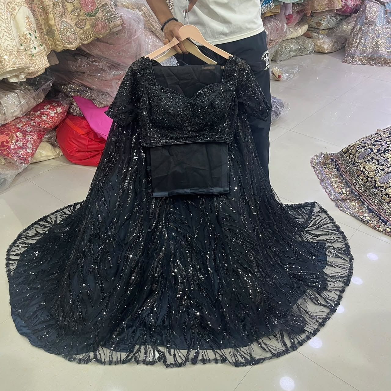 Black On Black Monotone Crop Top Lehenga