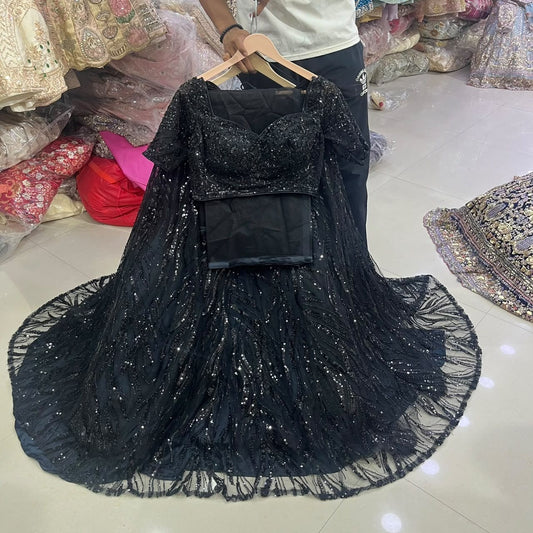 Black On Black Monotone Crop Top Lehenga