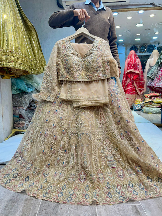 Amazing beige peach skin golden crop top Lehenga - Shopping World