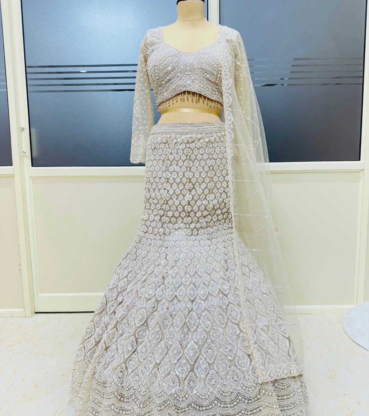 White Fishcut crop top lehenga