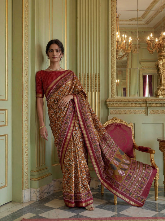 Maroon Mustard Poly Viscose Fabric Saree 6178-07 - Shopping World