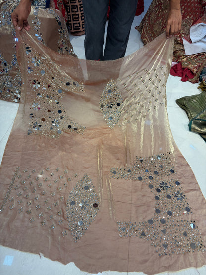 गोल्डन पीच मिरर हैंडवर्क लहंगा