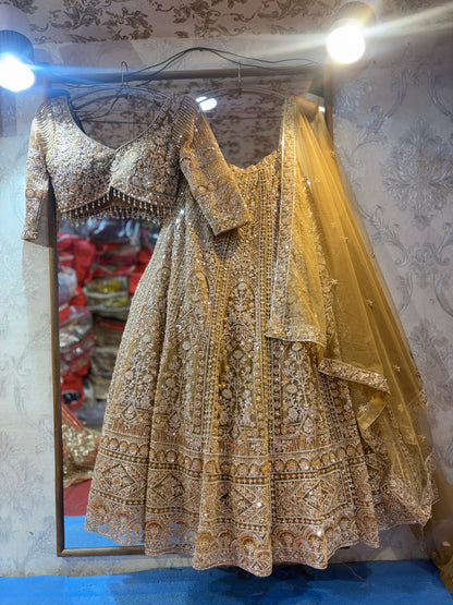 Pleasing golden beige crop top Lehenga