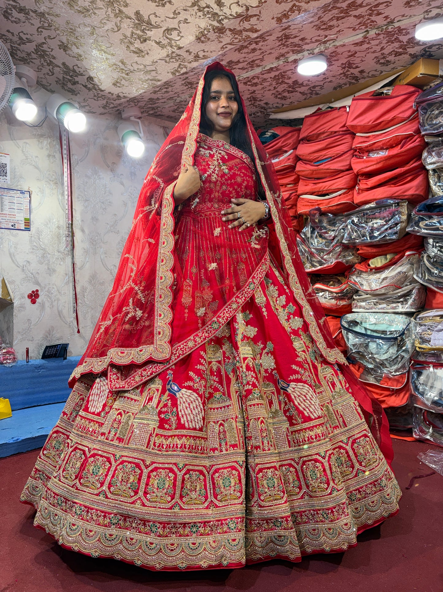Pretty red handwork peacock bridal Lehenga