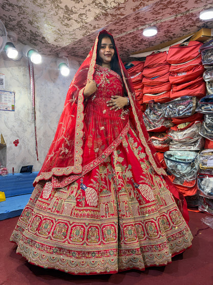 Pretty red handwork peacock bridal Lehenga
