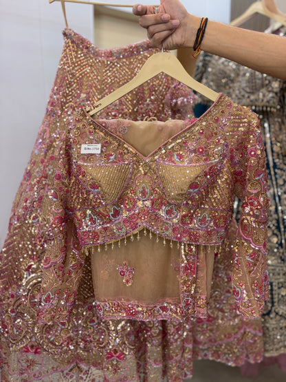 Stunning beige pink beads crop top Lehenga