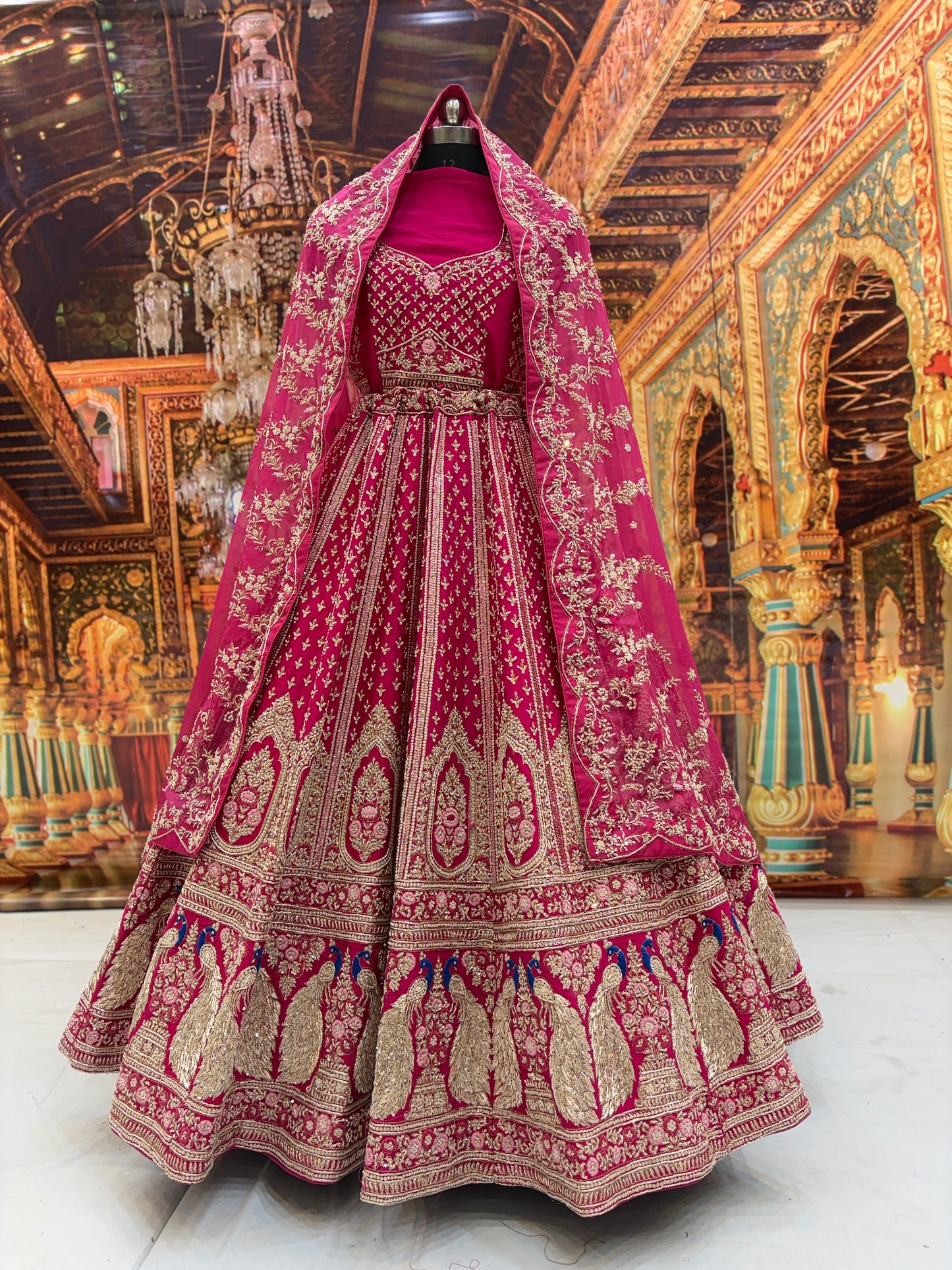 Eye catching rani pink peacock pure handwork heavy bridal Lehenga