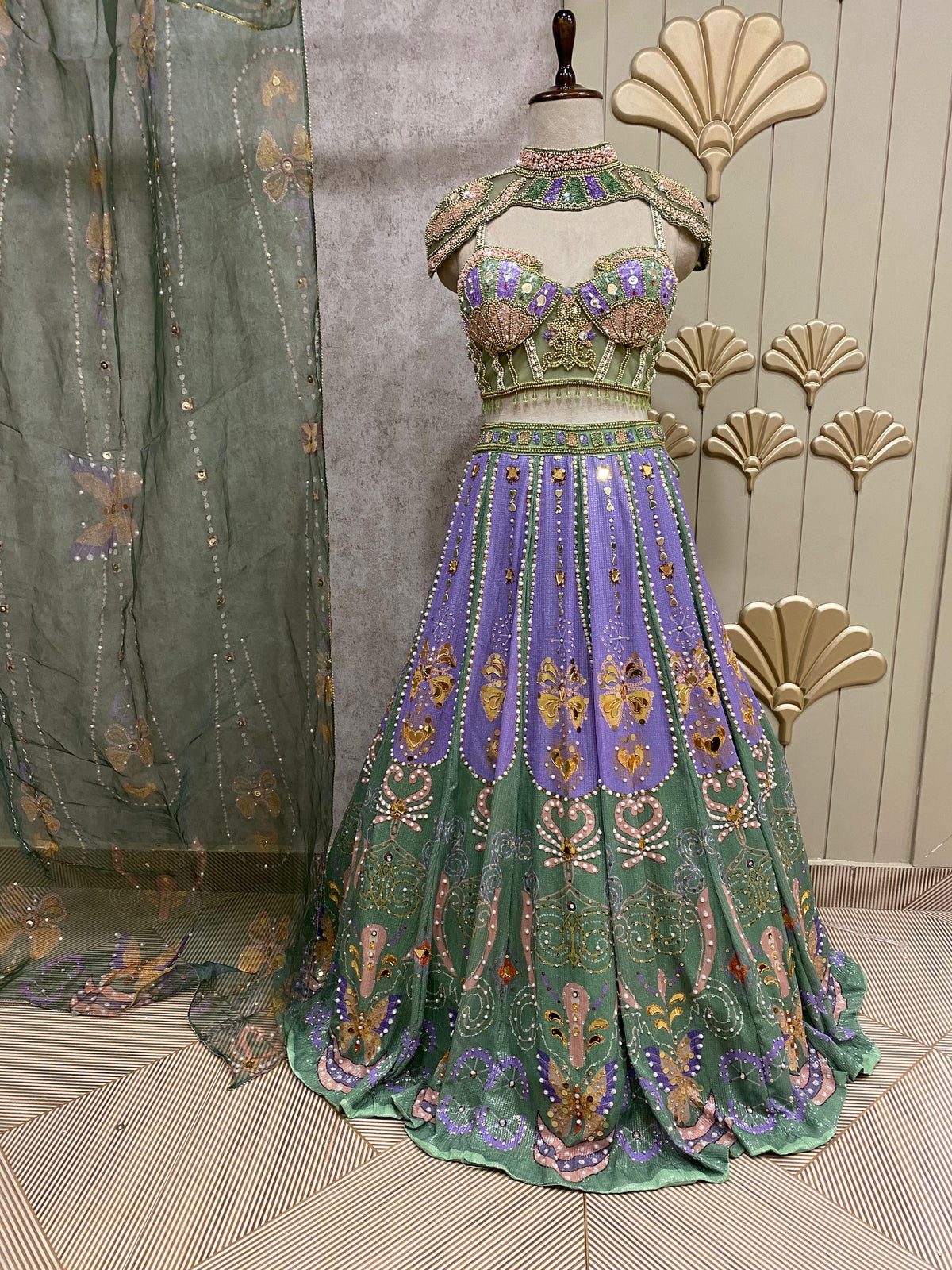 Green lavender PDP crop top lehenga