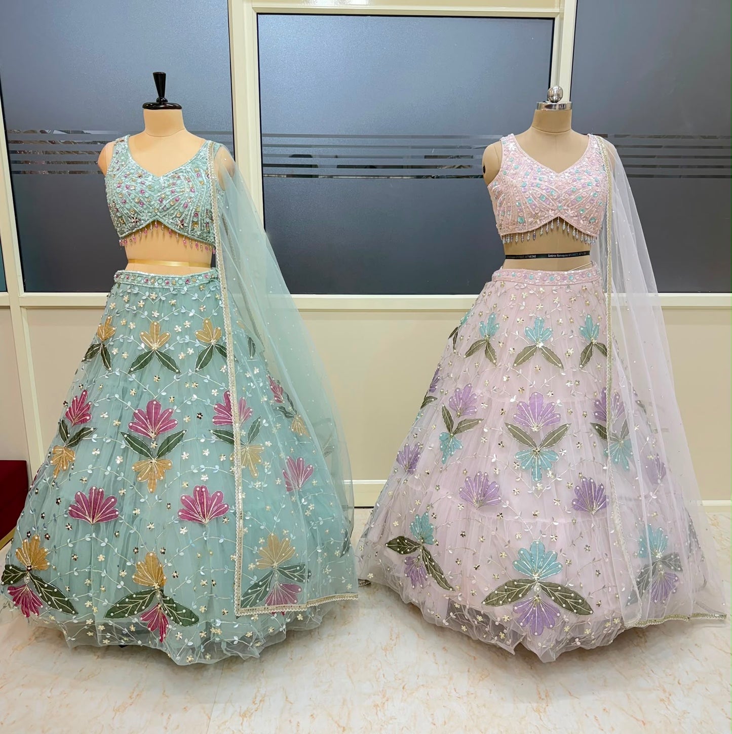 Baby pink sky blue Crop top Lehenga