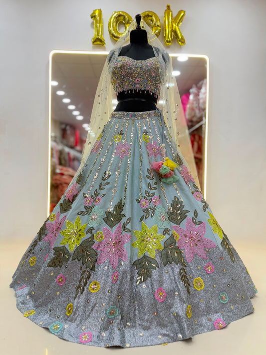 Sky Blue Pink Green Multicolour Crop Top Lehenga