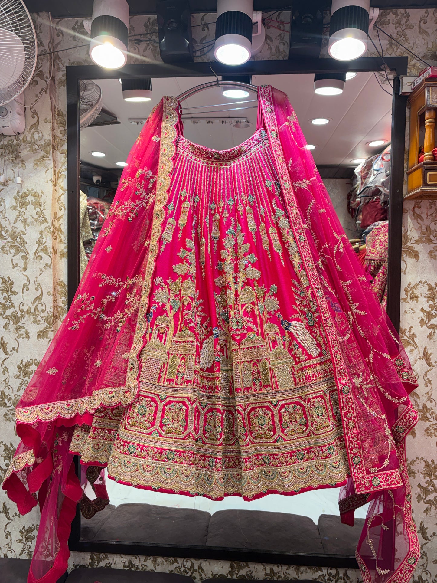 Fabulous rani pink peacock handwork bridal Lehenga