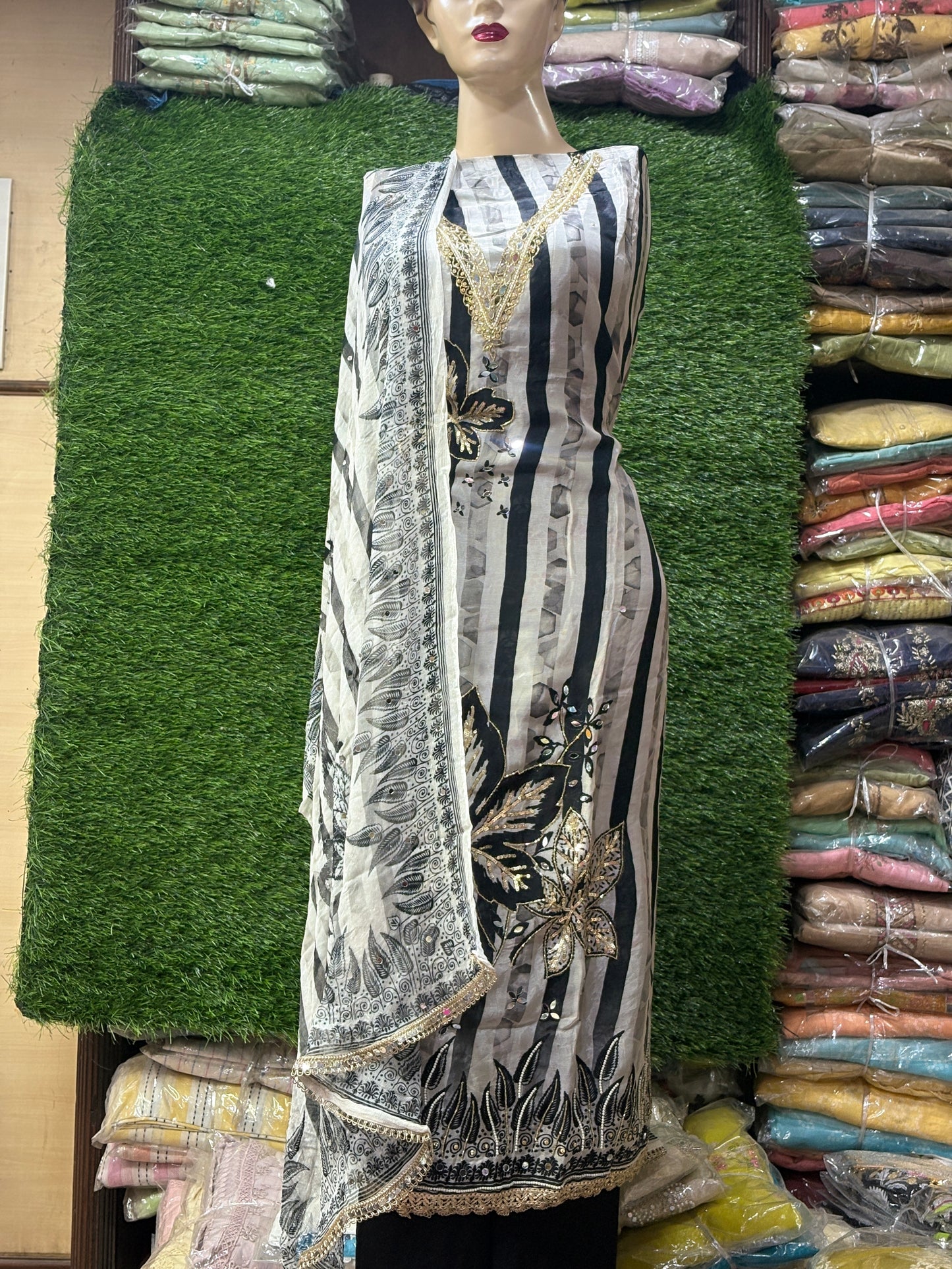 Beautiful white black unstitched salwar suit dress material(free size)