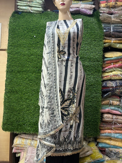 Beautiful white black unstitched salwar suit dress material(free size)