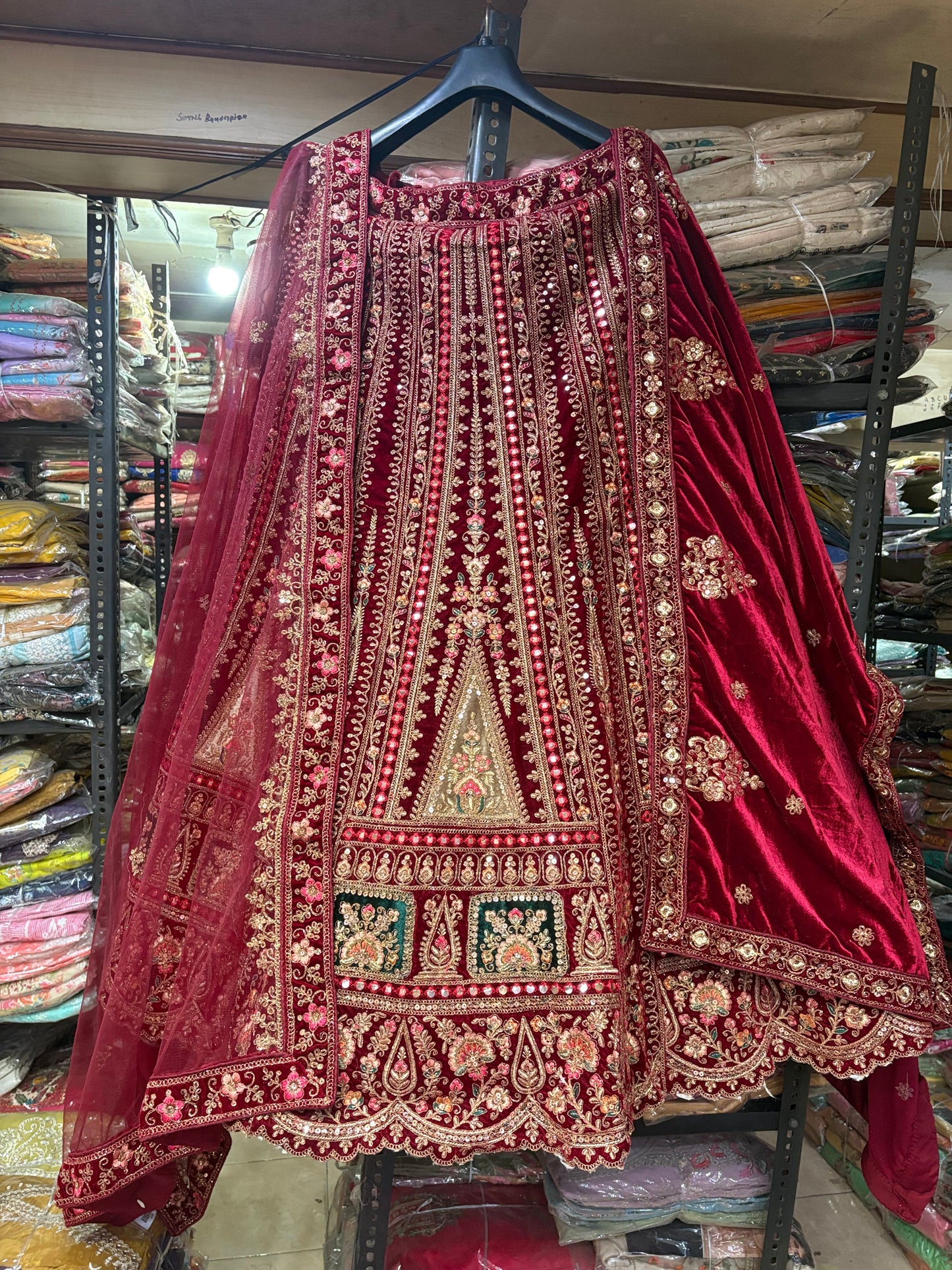 Attractive Maroon Double Dupatta Velvet Bridal Lehenga