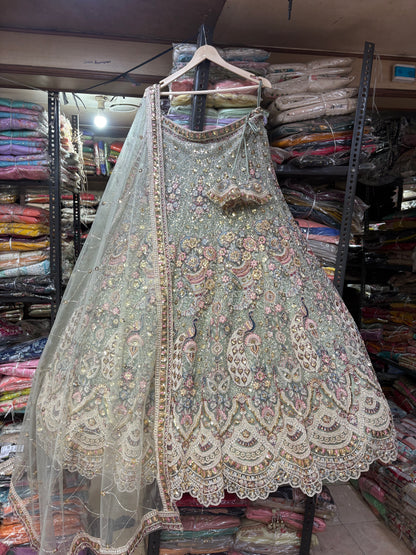 Elegant pista green peacock Crop Top Lehenga