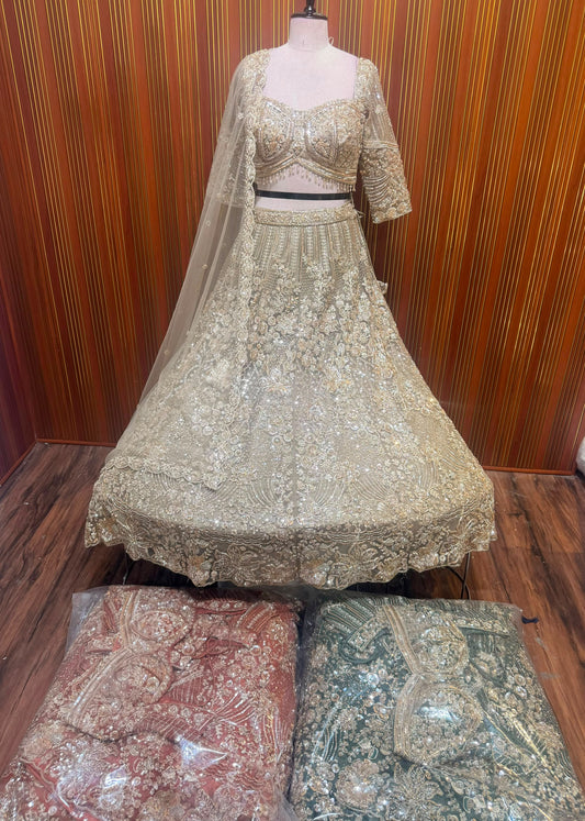 Golden red green crop top Lehenga